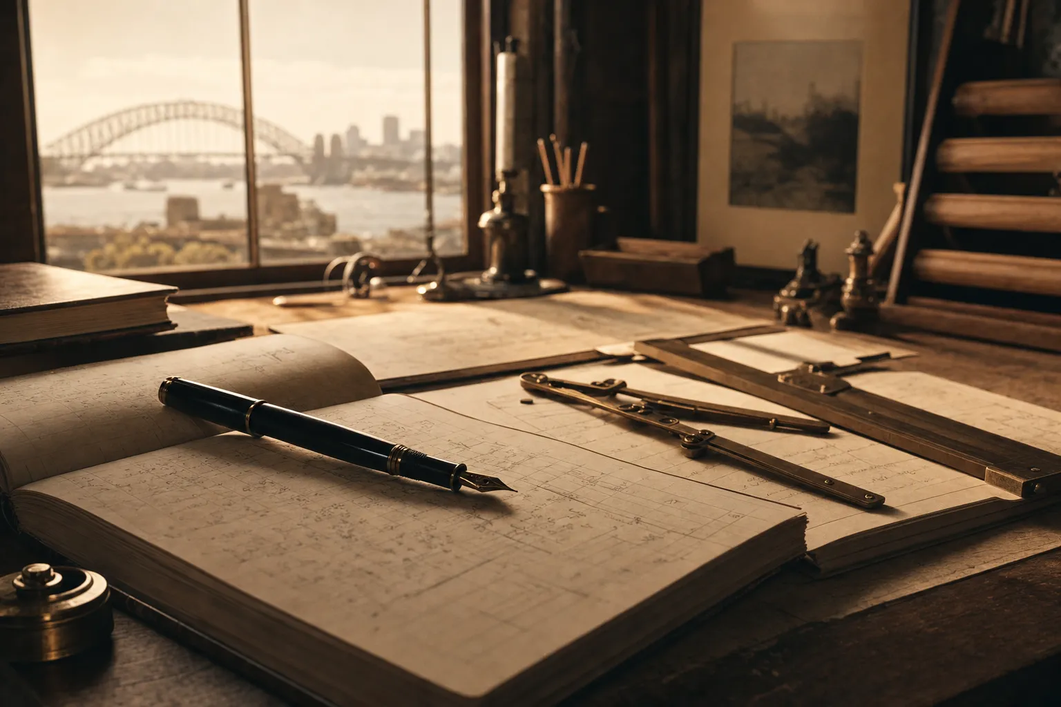 A working desk in Sydney morning light: fountain pen on an open ledger, drafting instruments, the Harbour Bridge through the window.