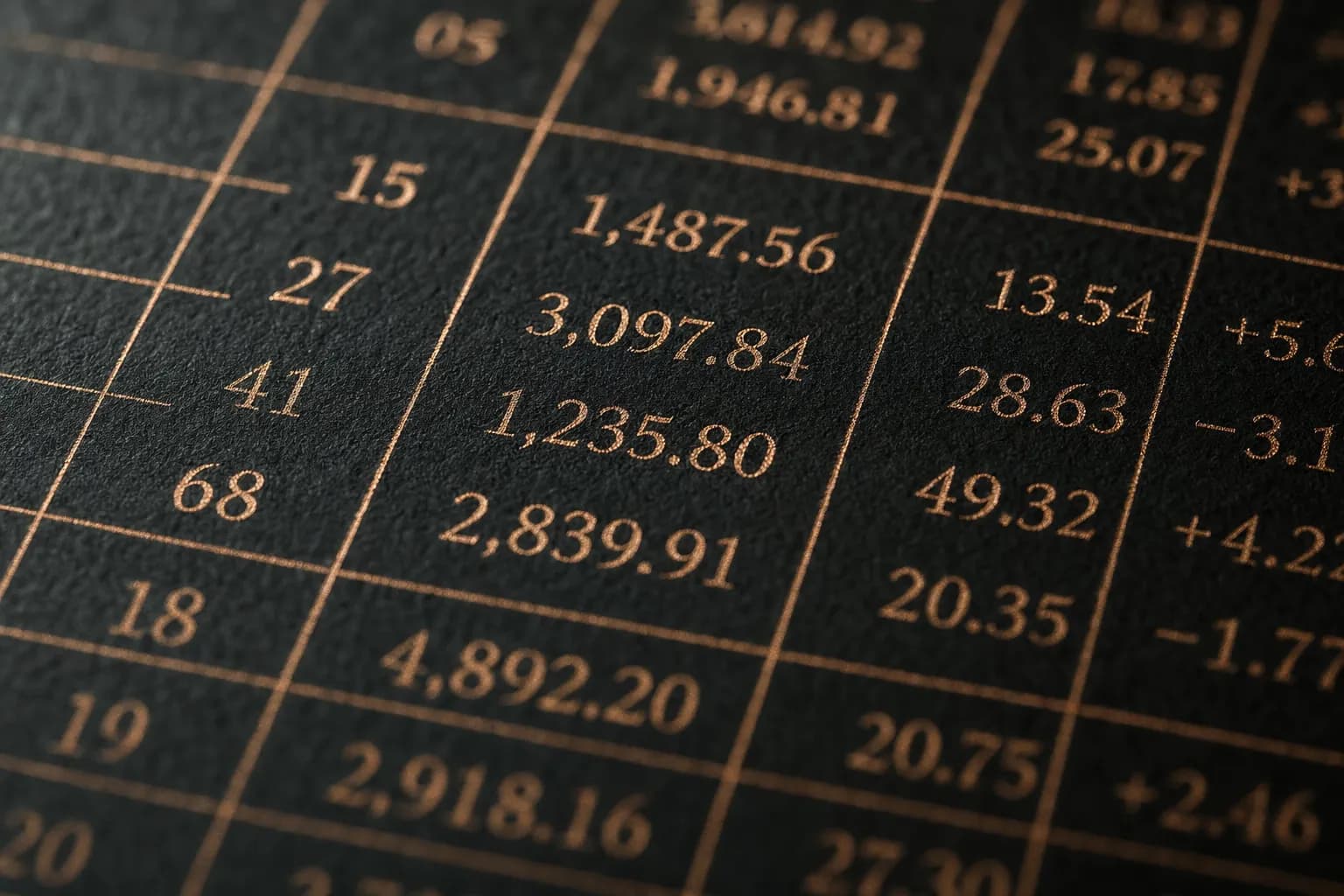 Copper-inked ledger engravings on dark archival paper: ruled lines and engraved numerals catching warm light.